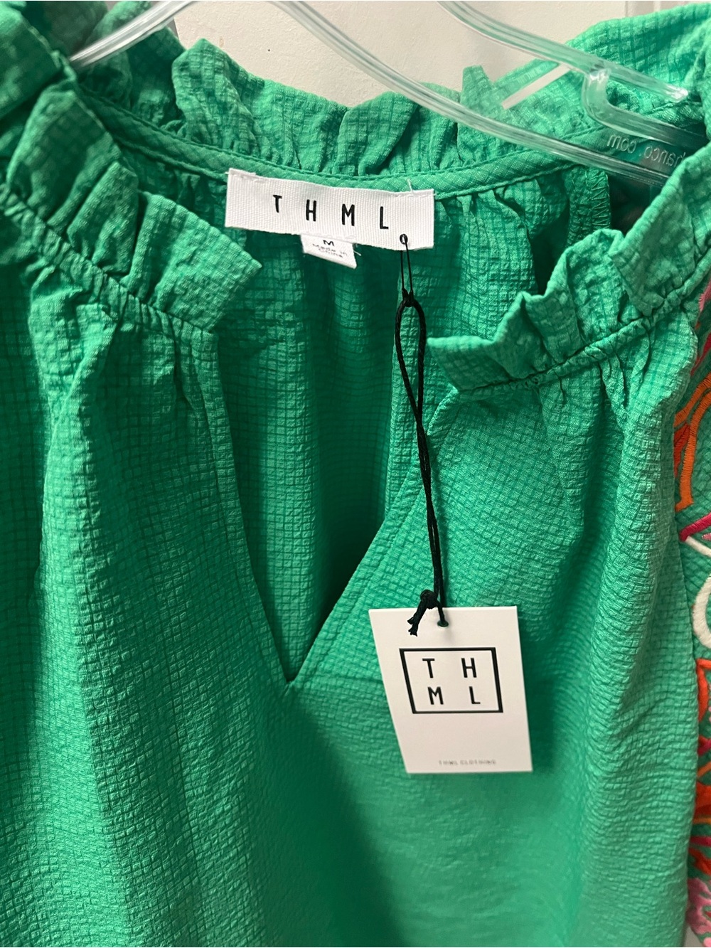 THML Green Blouse with Embroidered Pink & Orange Puffy Sleeves - Picture 5 of 5